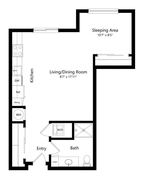a 2D floorplan of the studio Cottonwood at The Conrad in Omaha, NE 68105